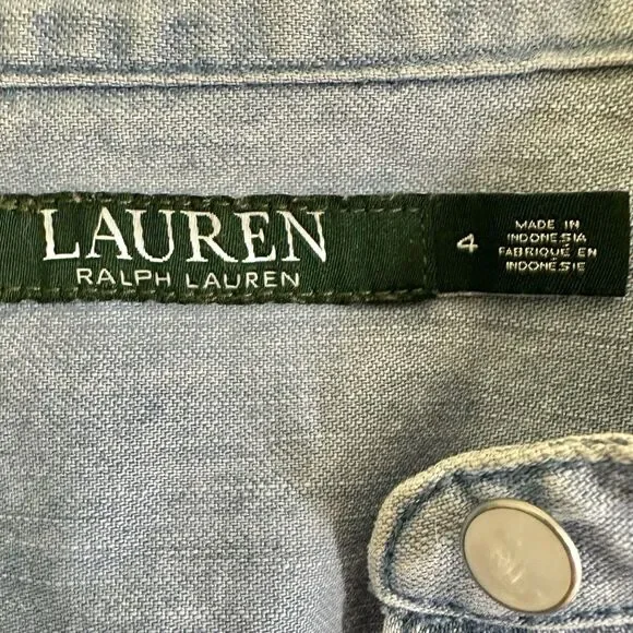 Lauren Ralph Lauren Denim Shirt Dress 4 Belted Short Sleeve Button Front Pockets - Picture 4 of 13